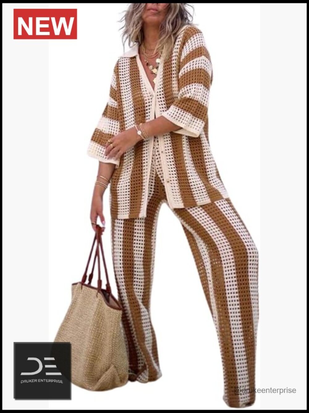 Women Crochet Cover Up Set Button Down Top Wide Leg Pants 2 Piece Vacation